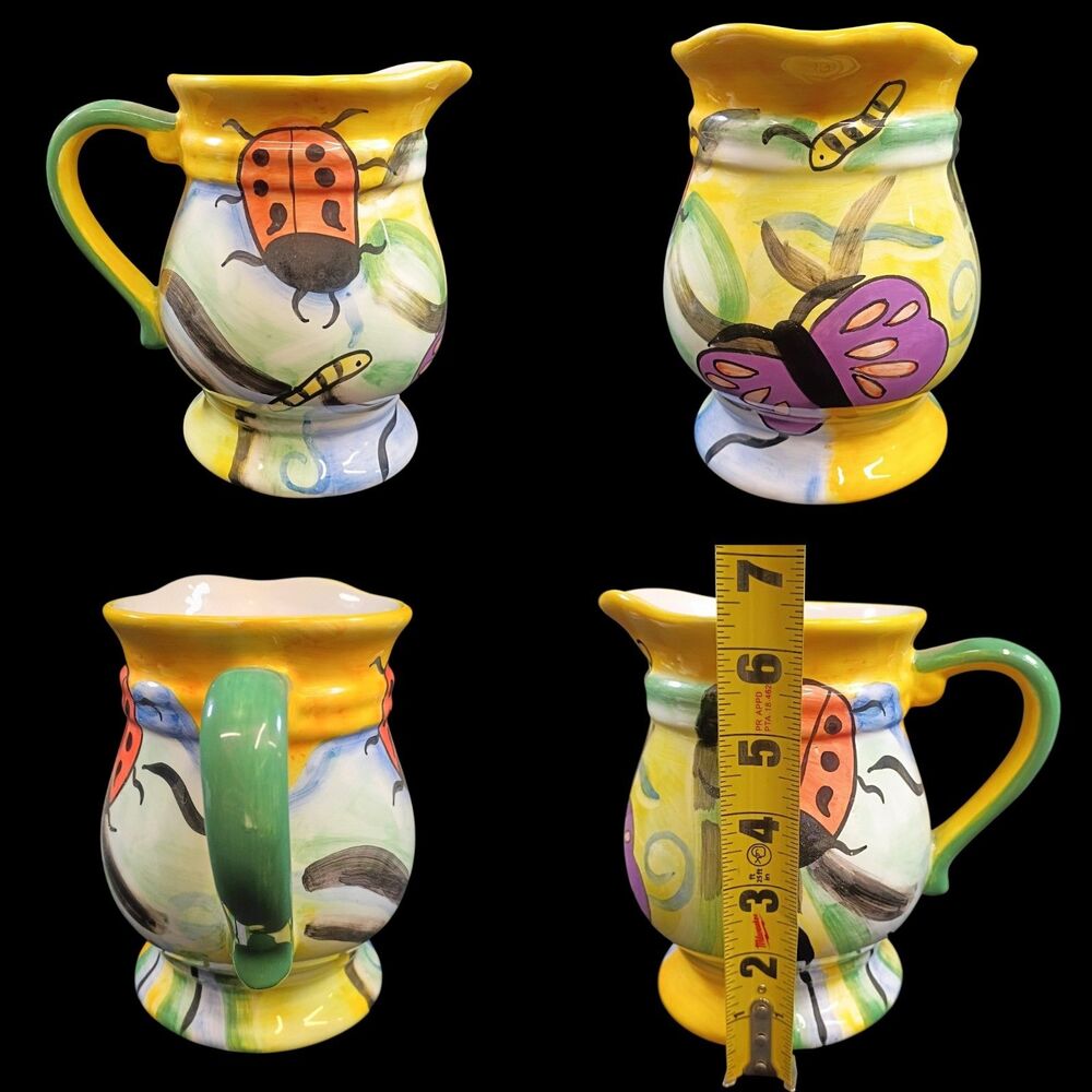 Ladybug Caterpillar Butterfly Ceramic Water Pitcher Signed WCL Large 6.5"